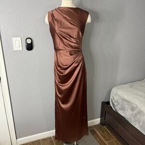 After Six Pleated Cap Sleeve Charmeuse Gown Cognac